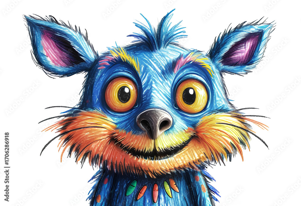 Fototapeta premium Crayon Canvas of a Playful Beast, where a cartoonic animal monster is rendered in vector illustration, capturing the unique, textured charm of a crayon drawing on a clean, isolated background