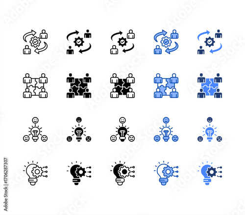 Change management, Emotional intelligence, Team building, Innovation, multiple style icon set.