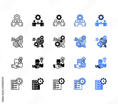 Employee engagement, Problem solving, Goal setting, Time management, multiple style icon set.