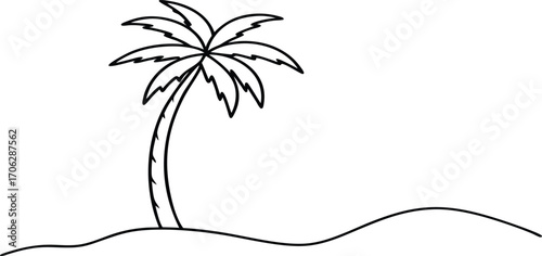 A minimalist line drawing of a single palm tree on a sandy dune under a wavy sky, isolated on white background