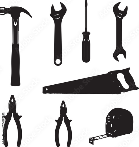 Silhouette of Carpentry Tools Essential for Building and Repairing Projects Around the House and Providing Accuracy