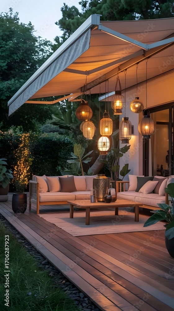 Fototapeta premium Stylish garden lounge area with hanging lights for evening relaxation