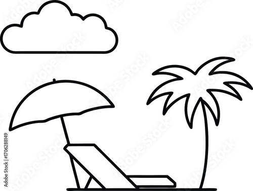 A single beach chair and umbrella with a palm tree and cloud, isolated on white background
