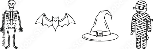 Halloween themed line art featuring a skeleton bat witch hat and a mummy