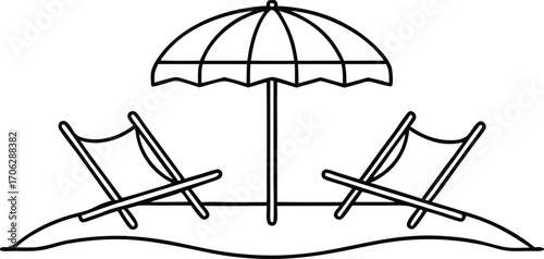 Two beach chairs and an umbrella on a sandy beach, isolated on white background