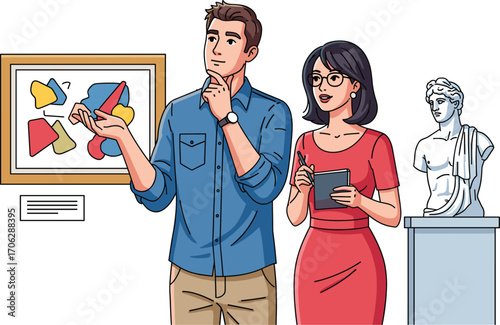 Man and woman analyzing abstract painting in art museum, discussing modern artwork and sculpture, taking notes, museum visit, art discussion.