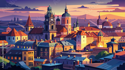 Kraków Historic Centre, Poland, a mosaic of Renaissance palaces, cobbled squares, and soaring churches bathed in soft twilight, echoing with distant bell chimes.