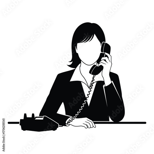 Businesswoman with a rotary phone receiving an important call for customer service silhouette