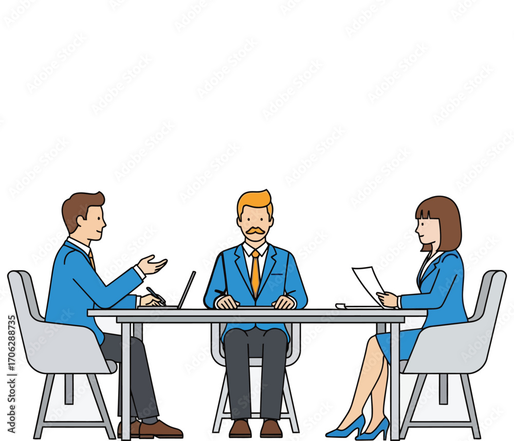 Obraz premium Vector illustration of business meeting around a table with laptops and documents