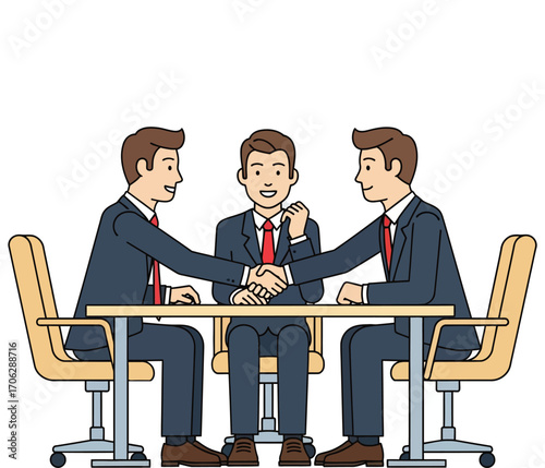 Vector illustration of three businessmen shaking hands over a table