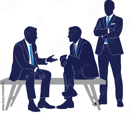 Vector illustration of three businessmen in suits talking, one standing with arms crossed