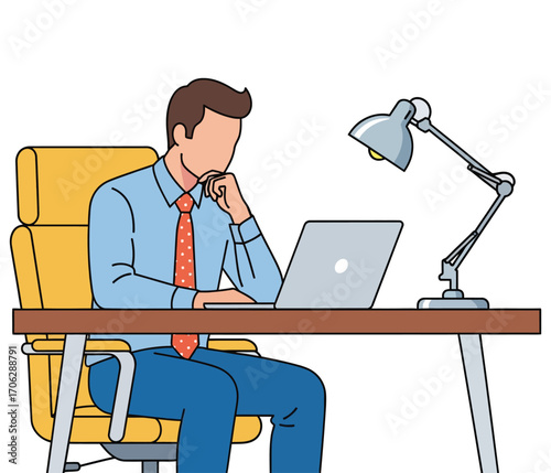 Vector illustration of three businessmen in suits talking, one standing with arms crossed