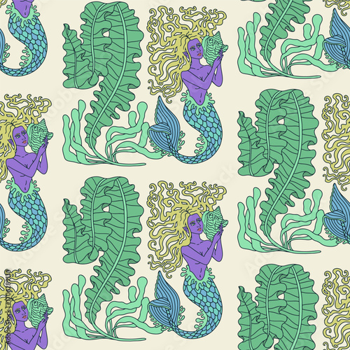 Beautiful long hair mermaid holding conch shell seamless pattern on beige background vector illustration