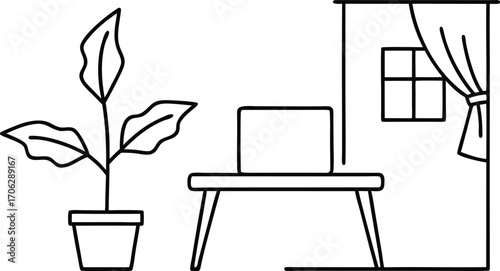 Line drawing of a home office setup with a potted plant, laptop on a table, and window with curtains, isolated on white background