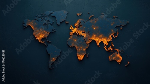 A stylized world map design featuring glowing outlines, showcasing continents in fiery orange against a dark textured background.
