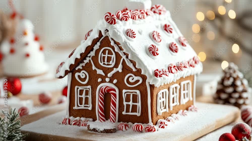 A gingerbread house is adorned with white icing, peppermint candies, and festive Christmas decorations for the holiday season in December