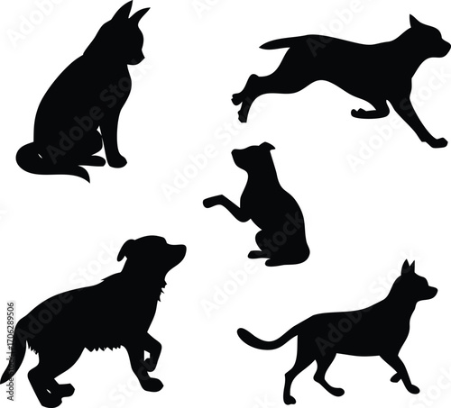 A Collection of Playful Canine Silhouettes Expressing Joyful Movement and Alert Postures Featuring Various Dog Breeds in Dynamic Black Shapes