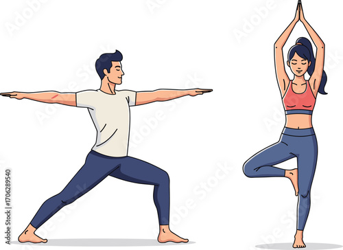 Man and woman doing yoga poses, meditation practice, fitness training, mindfulness balance, healthy lifestyle exercise, relaxation activity, wellness sport illustration
