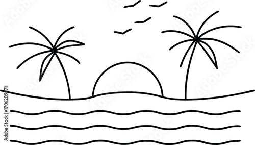 Sunset over the ocean with palm trees and birds flying, a beautiful tropical landscape