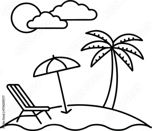 Tropical island scene with a lounge chair, umbrella, palm tree, sun, and clouds, isolated on white background