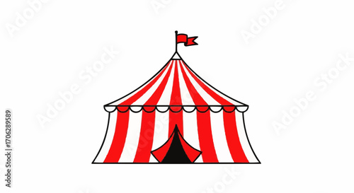 Vector art of a classic red and white striped circus tent with a flag on top