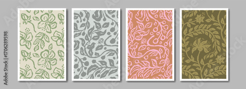 Ink brush abstract floral pattern for poster or card design set. Minimalist doodle nature background bundle for social media or wall art