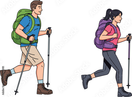 Man and woman hiking with backpacks, trekking poles, outdoor adventure activity, mountain exploration, nature travel lifestyle, fitness exercise, camping journey illustration