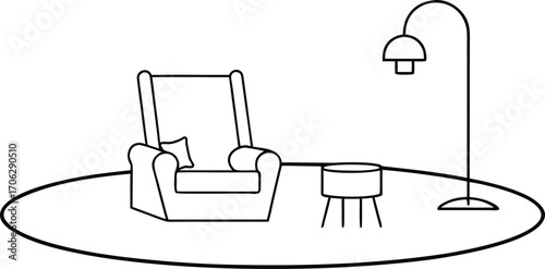 Cozy armchair with ottoman and floor lamp, isolated on white background
