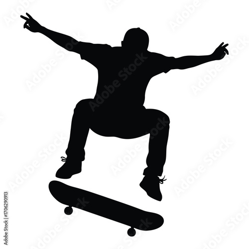 Dynamic silhouette of a skateboarder performing an aerial trick mid-jump silhouette