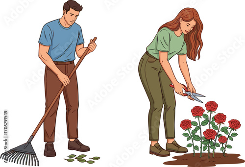 Man raking leaves, woman trimming roses, outdoor gardening work, teamwork, seasonal cleanup, flower care, spring garden, eco lifestyle, nature activity