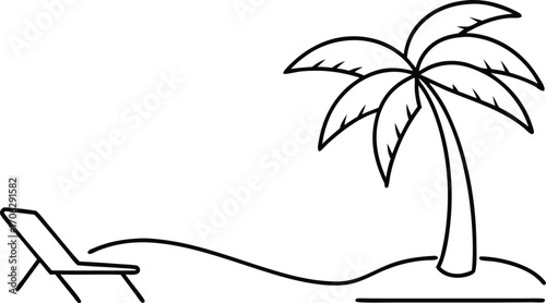 A simple line drawing of a palm tree on a sandy island with a lounge chair, isolated on white background