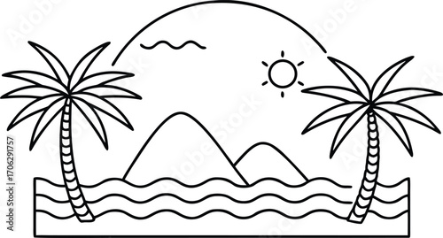Line art illustration of a tropical island scene with palm trees, mountains, sun, and ocean waves
