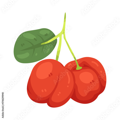 Illustration of two red cherries with green leaves