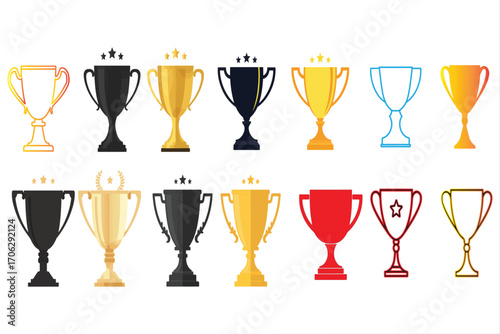 Collection of diverse award trophies celebrating victory and achievement in various competitions
