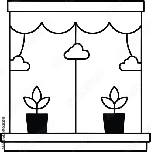 A simple line drawing of two potted plants on a windowsill with curtains and clouds outside, isolated on white background