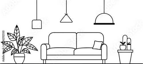 Interior scene line drawing of a sofa with plants and hanging pendant lights, isolated on white background