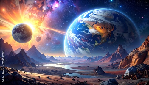 Alien landscape with planets