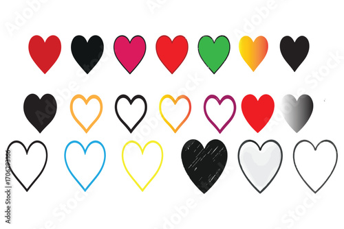 Collection of diverse heart shapes and colors for valentine's day and love themes