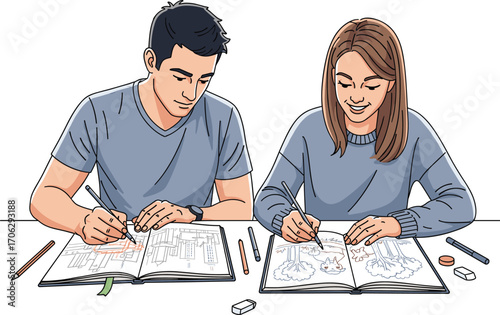 Young man and woman drawing in sketchbooks, creative couple, art hobby, pencil illustration, design activity, education, relaxing together, indoor scene