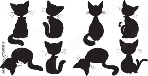 Vector set silhouette of the cat sitting, isolated on white black color cute kitten