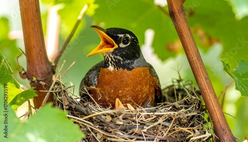 Baby bird in a nest among grape leaves