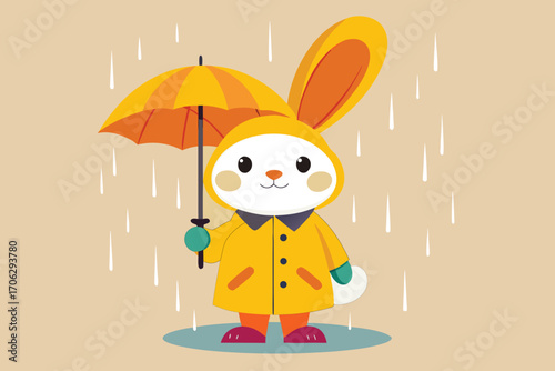 Cute cartoon bunny in yellow raincoat holding an umbrella in the rain rabbit illustration