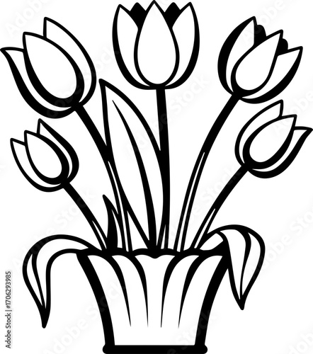 Beautiful luxurious flower design, SVG with clean lines.Elegant Black and White Illustration of Tulip Flowers in Vase