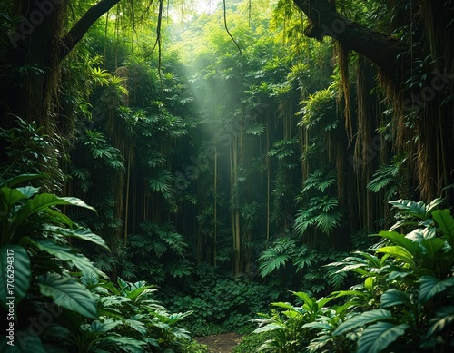 Rich green rainforest foliage, dense jungle vegetation with hanging vines and light rays filtering through canopy. Tropical plants create a natural wall of leaves in a vibrant, verdant landscape.
