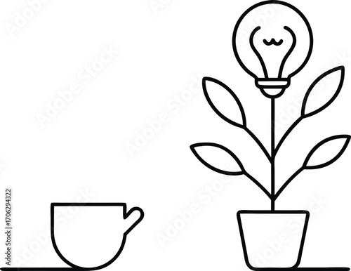 A heartshaped idea emerging from a coffee cup next to a plant with a lightbulb for a flower, isolated on white background