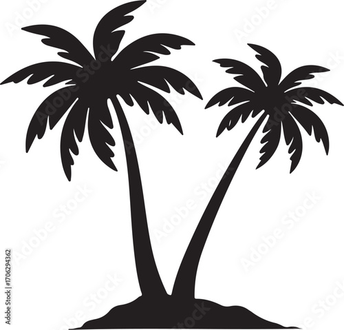 Two silhouette palm trees on sandy mound representing tropical paradise and vacation destinations silhouette