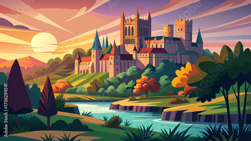 Durham Castle and Cathedral, England, tower above the River Wear, Norman stone glowing in sunset hues amid rolling green hills and a tranquil sky.