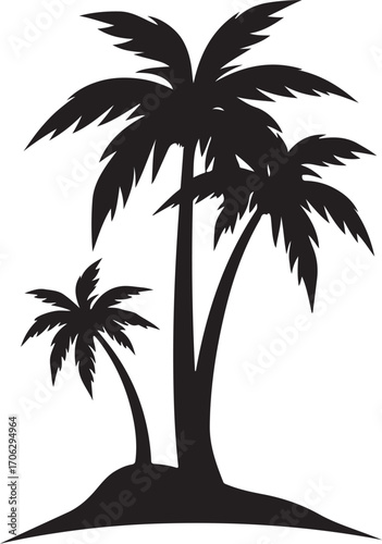 Silhouette of coconut palm trees growing on a tropical island beach silhouette