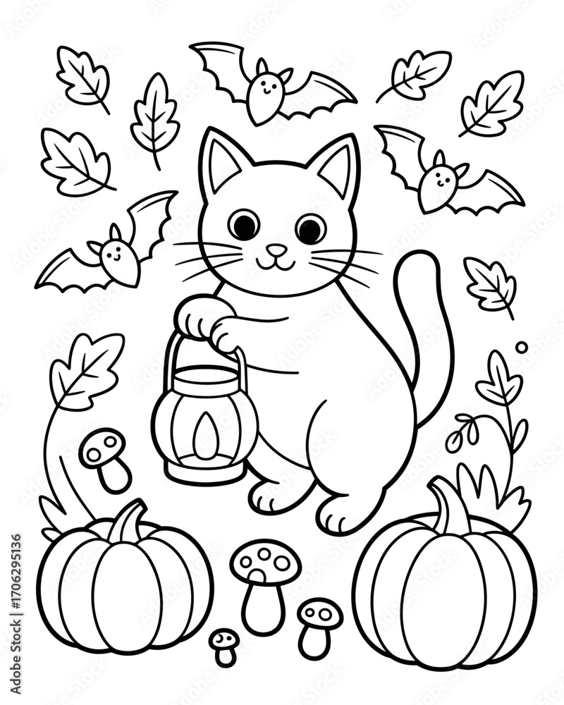 Fototapeta premium Cozy Halloween Wonderland: Cute Spooky Animal Scenes for Relaxation and Stress Relief: Whimsical Halloween Coloring Pages with Cats, Ghosts, Pumpkins, and Friendly Animals for Adults