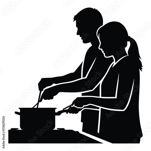 Couple cooking together silhouette domestic scene engaging in culinary activity at home silhouette